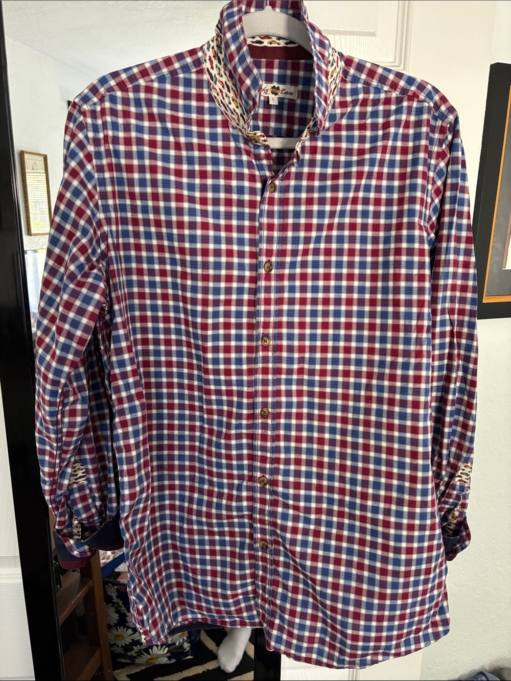 Lucky de Luca Men's Red & Blue Plaid Button-Up Shirt with Car Trim Detail